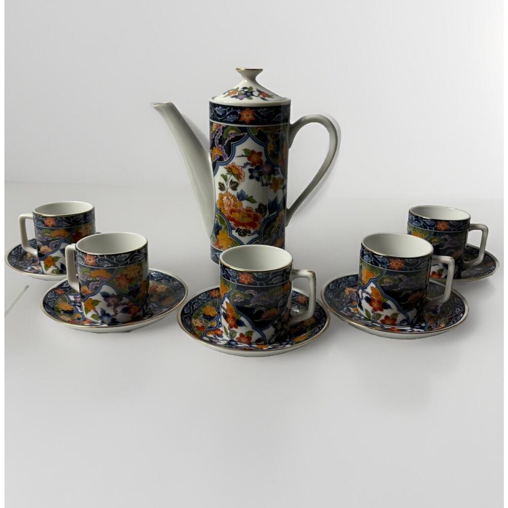 Vintage Fukagawa Imari Porcelain Demitasse Coffee Set for 5 with Floral Pattern